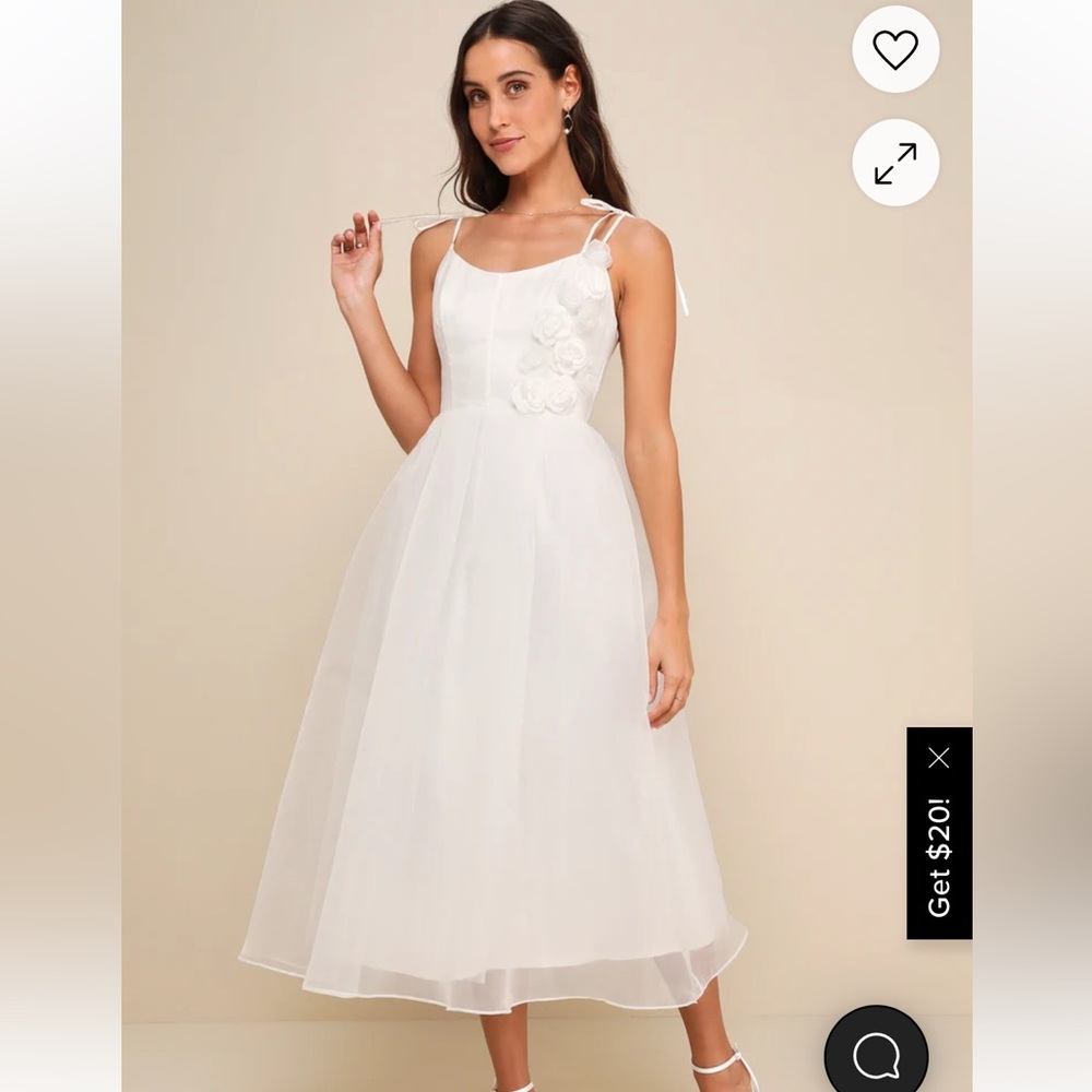 Lulu's Intentionally Darling White Organza Tie-Strap Rosette Midi Dress